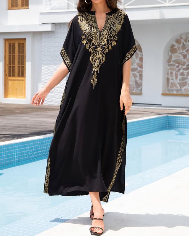 Bsubseach Damen Stickerei Kurzarm Bikini Strandkleid Side Split Beach Kaftan Kleid Goldstickerei, Go