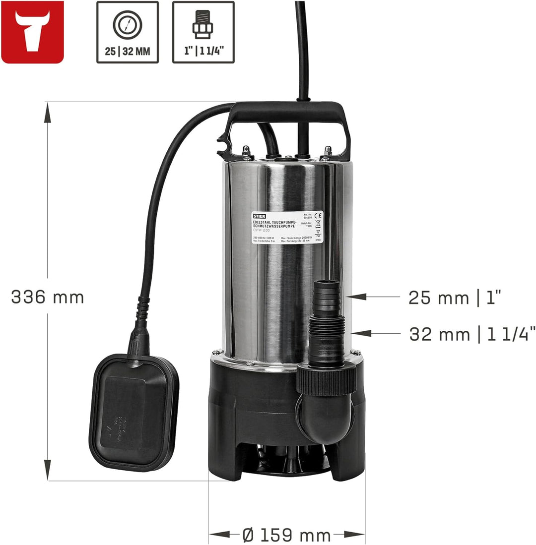 STIER Edelstahl Tauchpumpe Schmutzwasserpumpe ESTW-1100, 20.000 l/h, 11000 W, Edelstahlgehäuse, Schw