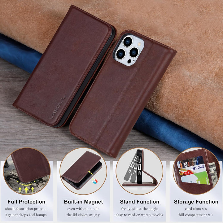VISOUL Hülle für iPhone 14 Pro Handyhülle [Echtleder] [Schützt][3 Kartenfächer] [Magnet] [Standfunkt