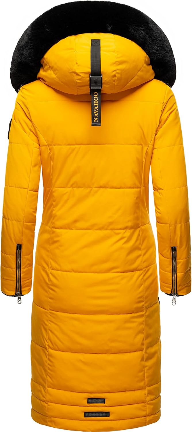 Navahoo Damen Wintermantel Warmer Steppmantel lang mit Abnehmbarer Kapuze Fahmiyaa XS-3XL XS Gelb, X