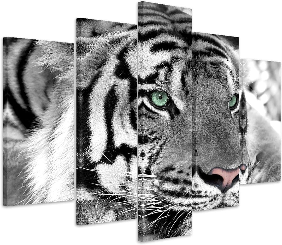 Sinus Art Leinwandbild 150x100cm Künstlerische Fotografie – Weisser Tiger mit grünen Augen 5 teilig