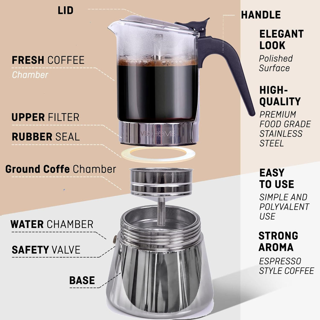 Espressokocher Klassisch italienische Perkolator-Mokakanne 360 ml - luxuriöses Kristallglas und rost