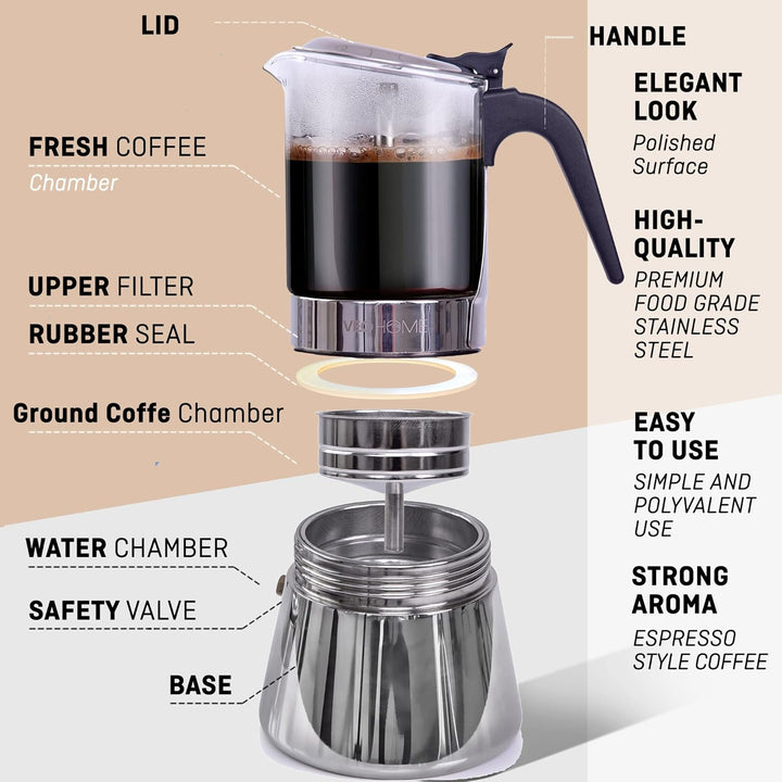 Espressokocher Klassisch italienische Perkolator-Mokakanne 360 ml - luxuriöses Kristallglas und rost