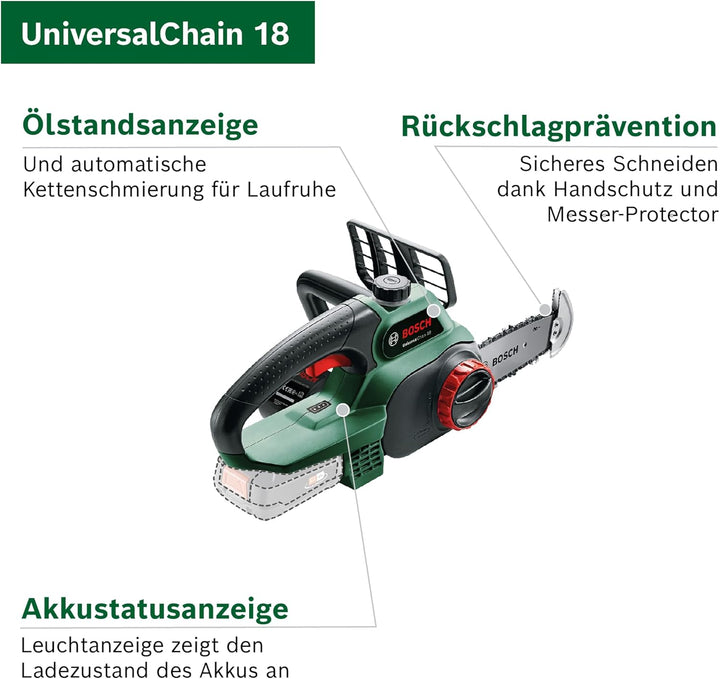 Bosch Home and Garden Akku Kettensäge Universalchain 18 (ohne Akku, 18 Volt System, im Karton) Grün,
