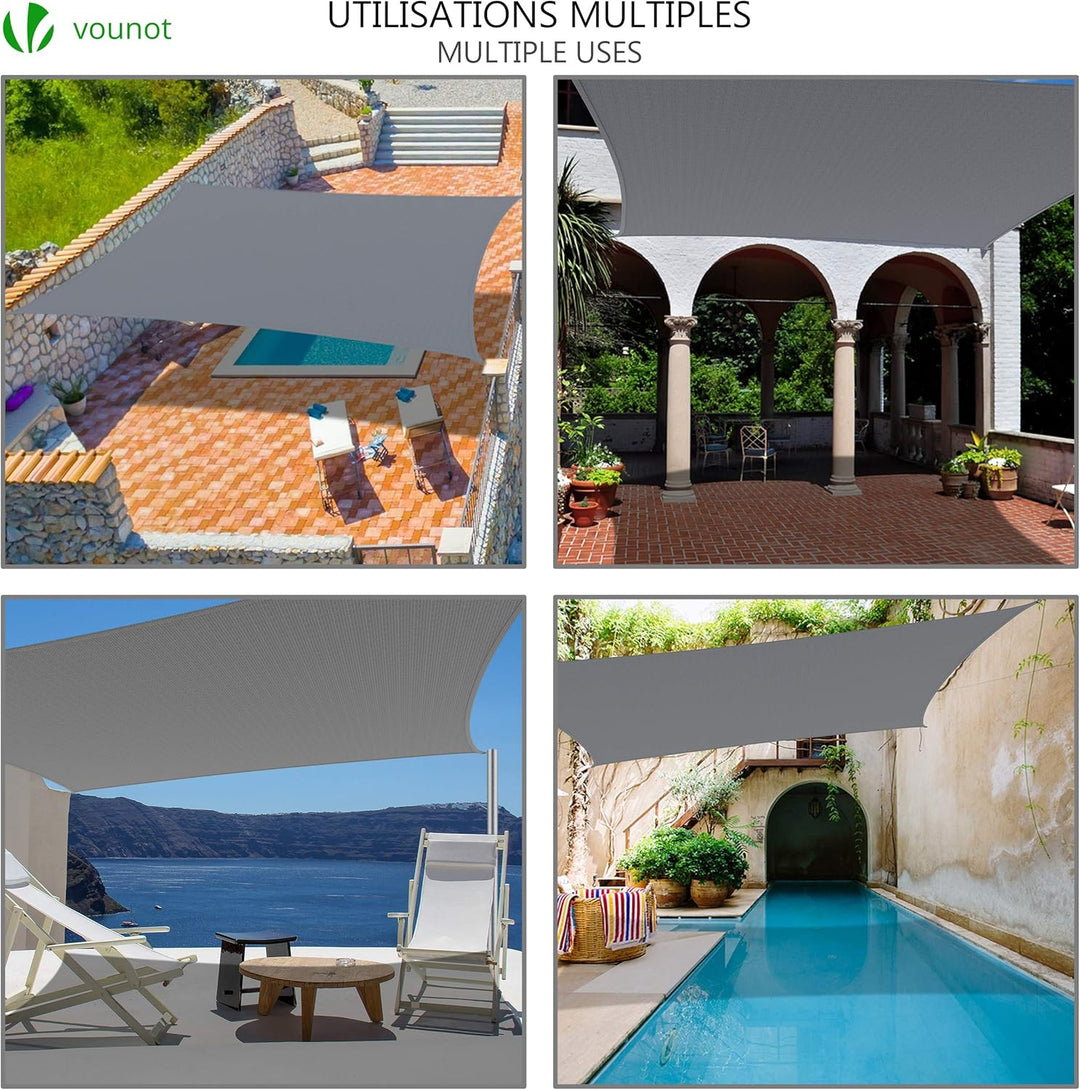 VOUNOT® Sonnensegel Rechteckig mit Befestigung Set, Sonnenschutz Atmungsaktiv und UV Schutz, für Bal