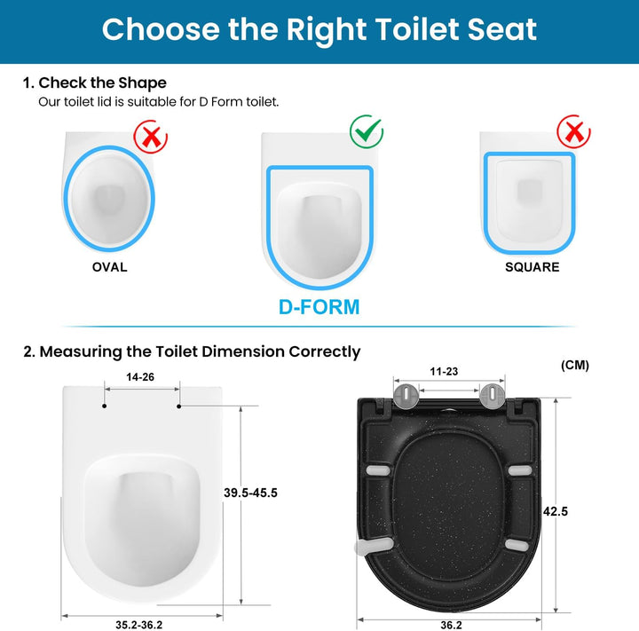 Toilettendeckel mit Absenkautomatik, WC Sitz D Form aus Duroplast, Schwarz Marmor Klodeckel mit Quic