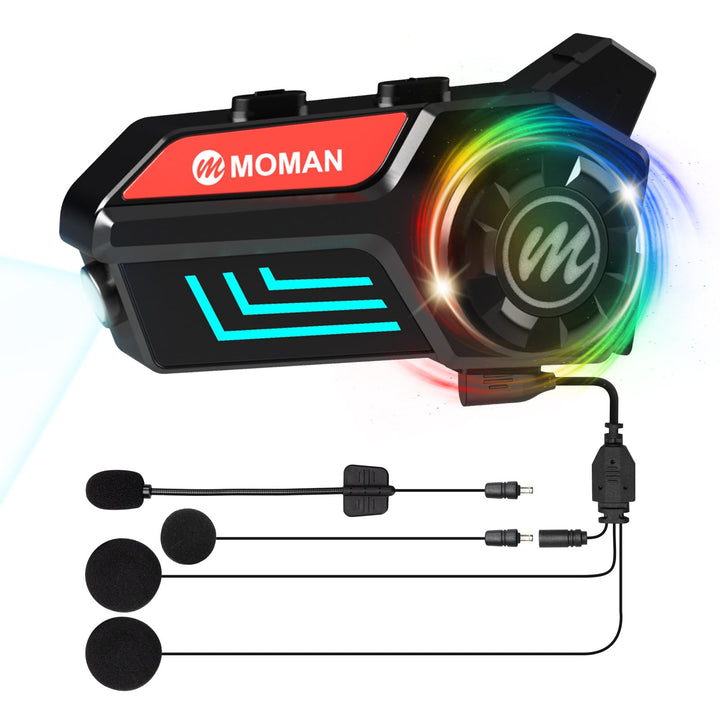 Moman Motorrad Helm Headset, H4S mit【LED Scheinwerfer & RGB】 Motorcycle Kopfhörer mit Knopf-Design A