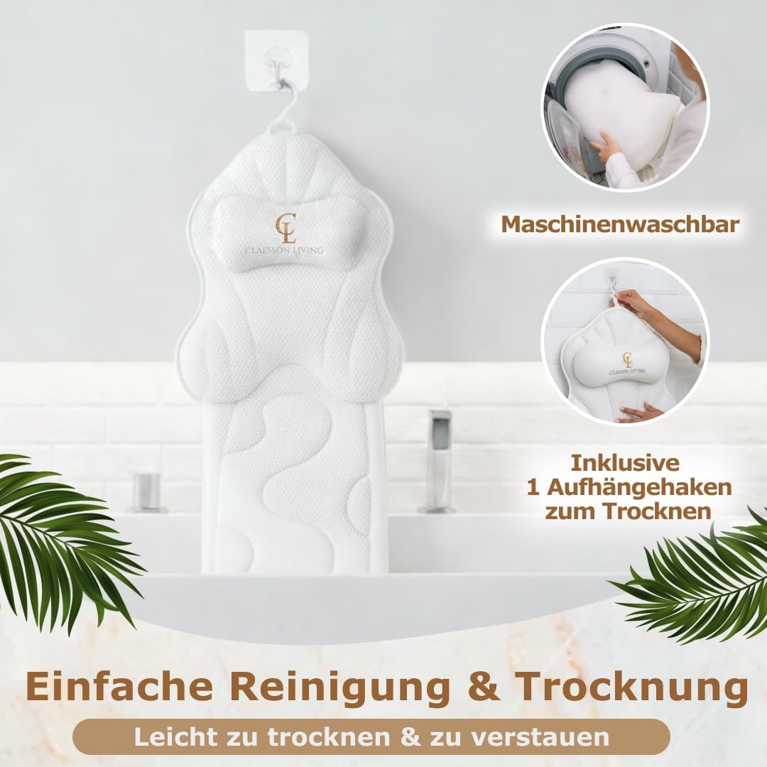 Badewannenkissen Ganzkörper Badekissen (126x41cm) - Badewannenmatte mit Kopfstütze (13cm) unterstütz