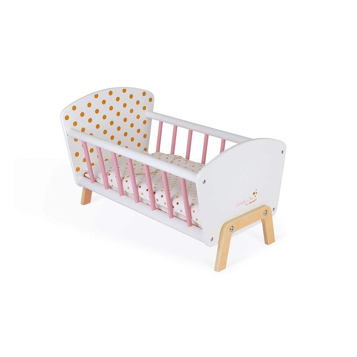 Janod - Puppenbett ‘Candy Chic’ aus Holz mit Matratze + Decke + Kissen - Zarte Glitzernde Farben - K
