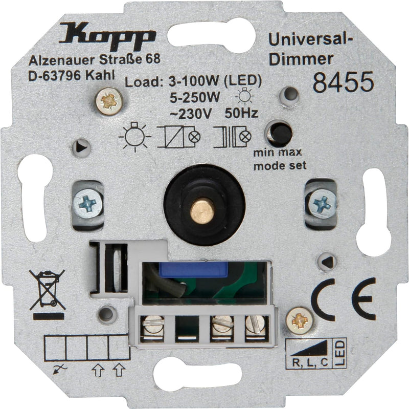 Kopp Universal Druckwechsel-Dimmer Sockel, für LED, Phasenan- und Phasenabschitt, LED 3-100 Watt, Gl