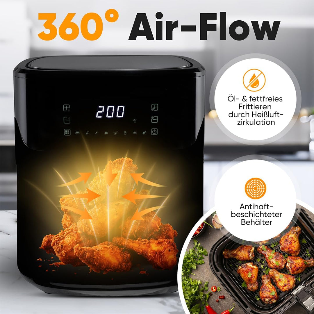 ProfiCook® Heissluftfritteuse | 6,5L Airfryer | Öl- und fettfreie Zubereitung | 80°C - 200°C | Edels