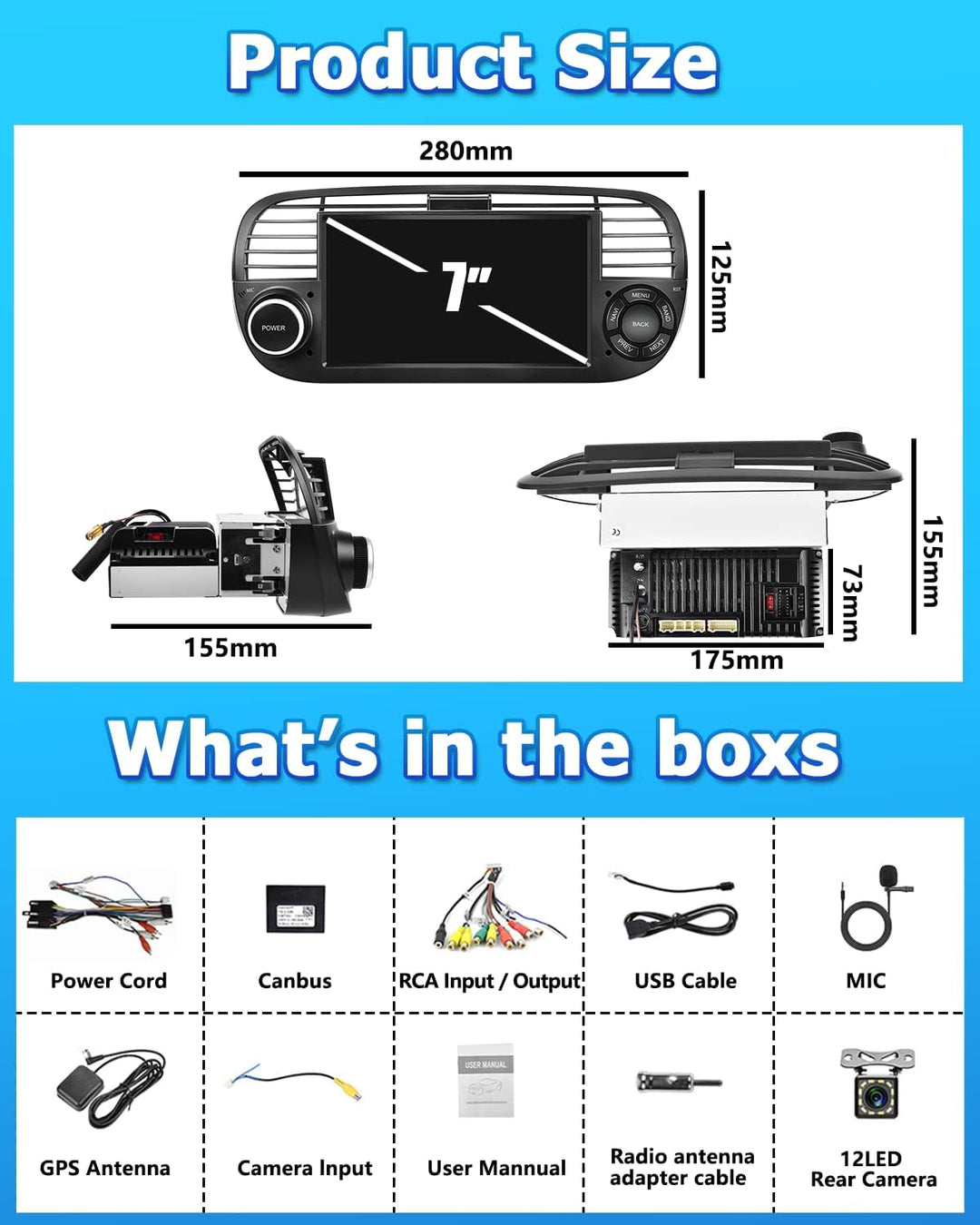 Hikity Android 13 Autoradio für FIAT 500 (2007-2015) mit Navi 7 Zoll Autoradio Bluetooth mit Bildsch