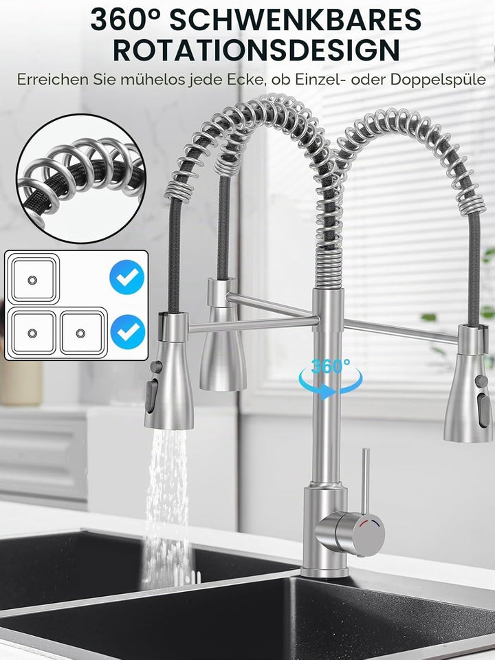 Wasserhahn Küche, SREWOHS PRO Küchenarmatur Ausziehbar, 360° Drehbarer Auslauf, 4 Sprühfunktionen, E