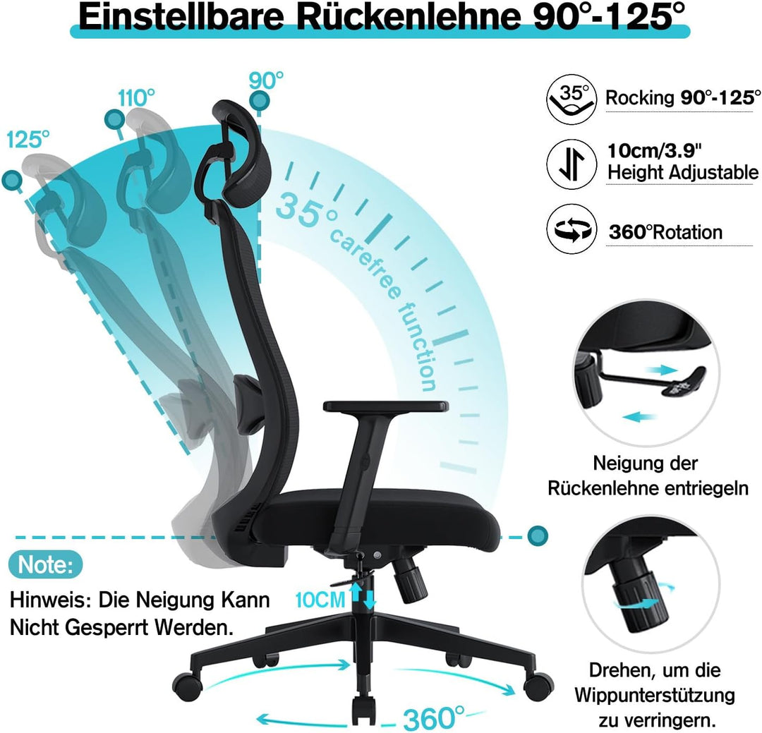 Bürostuhl Ergonomisch Schreibtischstuhl, Drehstuhl mit Schaumstoff-Lendenkissen, Bürostühle mit Vers