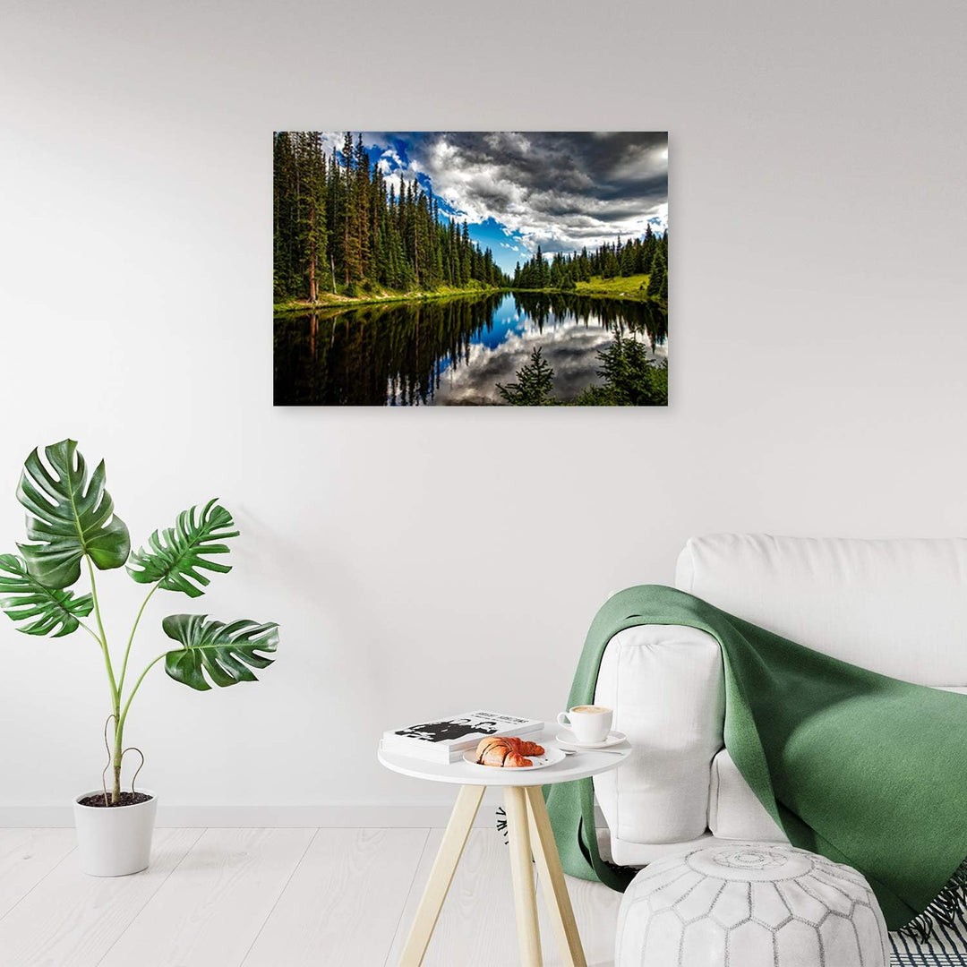 Feeby Bild auf Leinwand See Kunstdruck modern Wald Grün 80x60 cm