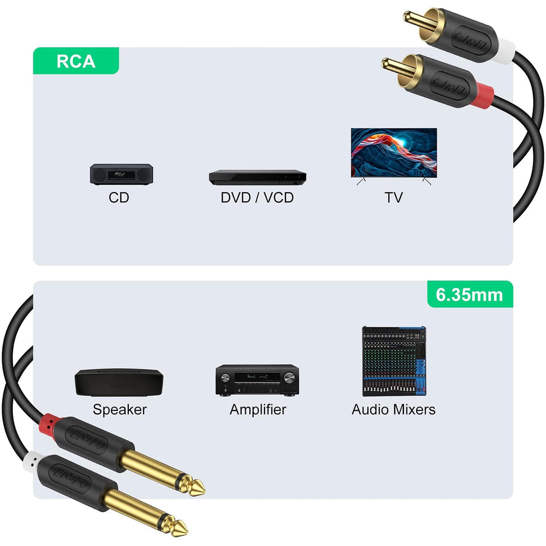 J&D Cinch auf 6.3mm Klinke Kabel 6,2 m, Gold-Plated 2x Male Cinch auf 2x Grosse Klinke Mono Audio Ka