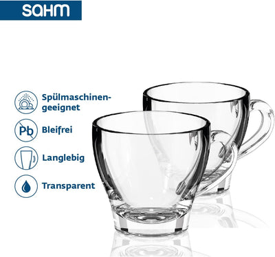 Sahm Cappuccino Gläser mit Henkel Set (6 STK) - 180ml Cappuccino Tassen Set - Spülmaschinengeeignet