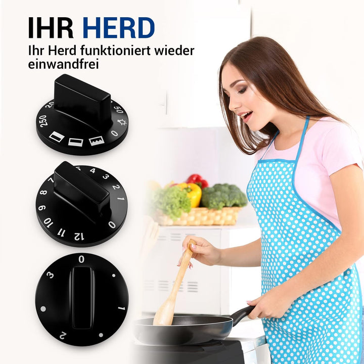 VIOKS Drehknopf Herd Knebel 52mmØ Set - 9x Herd Knopf Schwarz & Herd Ersatzteile Drehknopf 6mm Achse