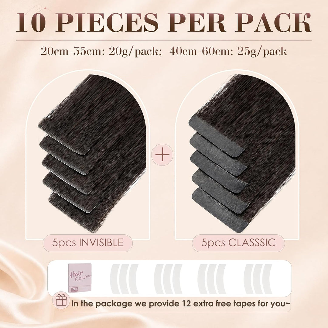 Elailite Tape Extensions Echthaar Naturschwarz, 10 Stück 20g Kleber Haarverlängerungen Invisible Gla
