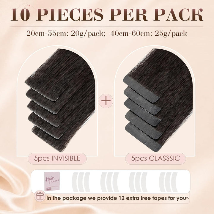 Elailite Tape Extensions Echthaar Naturschwarz, 10 Stück 20g Kleber Haarverlängerungen Invisible Gla
