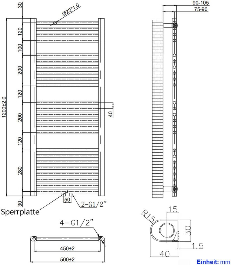 EMKE Badheizkörper Handtuchtrockner, Handtuchwärmer 500x1200mm 513 Watt Anthrazit Handtuchheizkörper