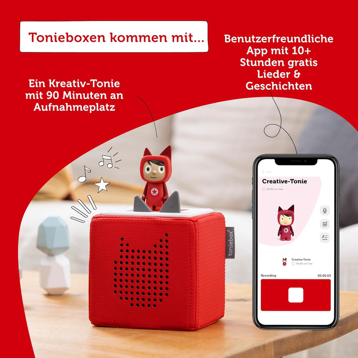 Toniebox Extrapack – Toniebox Starterset Rot + 4X Peppa Pig Hörfiguren, Audioplayer für Hörbücher un