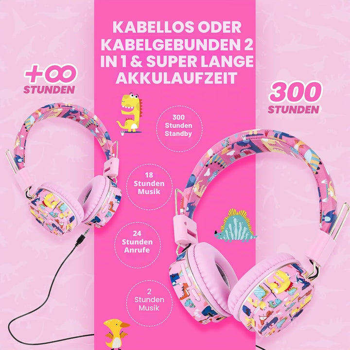 JYPS Bluetooth Kopfhörer Kinder, Dinosaurier Kopfhörer Kabellos Kinder mit Kabel und Mikrofon, Kids
