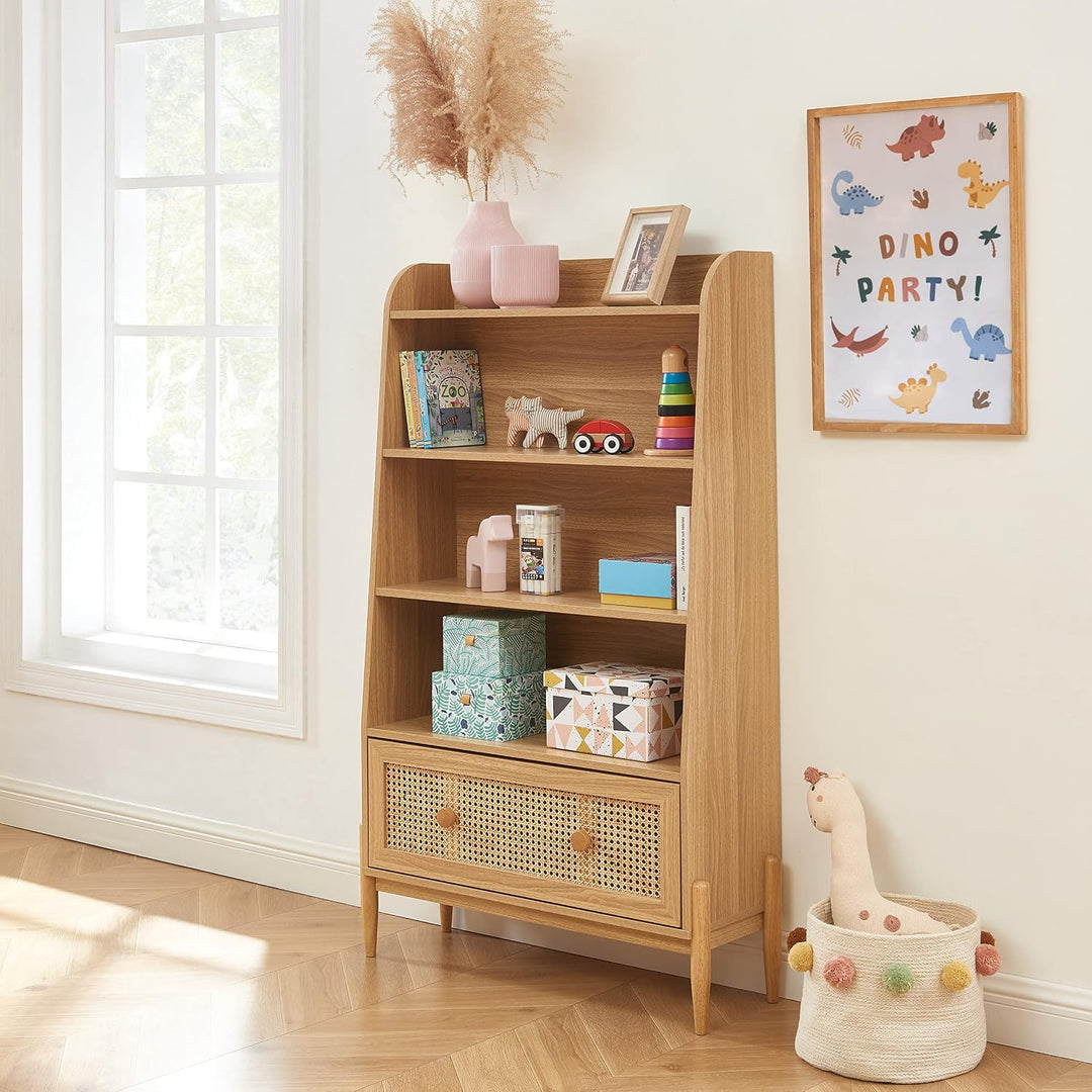 BAÏTA Kinderregal Pablo Eichenoptik und Rattangeflecht, H140cm, Buchenholz