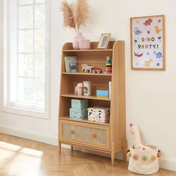 BAÏTA Kinderregal Pablo Eichenoptik und Rattangeflecht, H140cm, Buchenholz