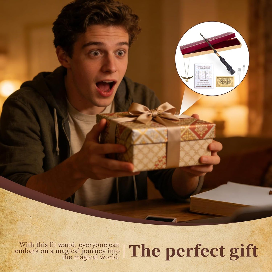 PLLYPE Zauberstab mit Licht, 38cm USB Aufladung Elderstab, Magic Wand in Geschenkbox mit Zauberspruc
