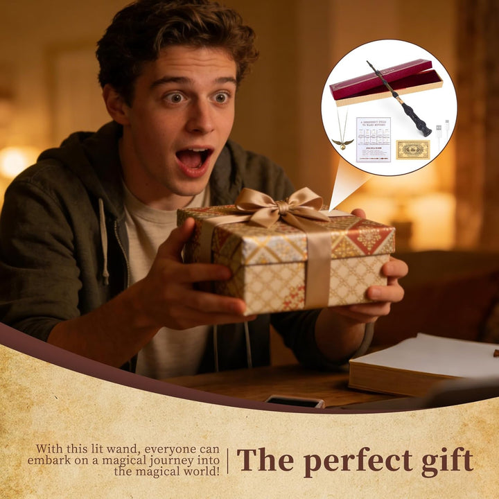 PLLYPE Zauberstab mit Licht, 38cm USB Aufladung Elderstab, Magic Wand in Geschenkbox mit Zauberspruc