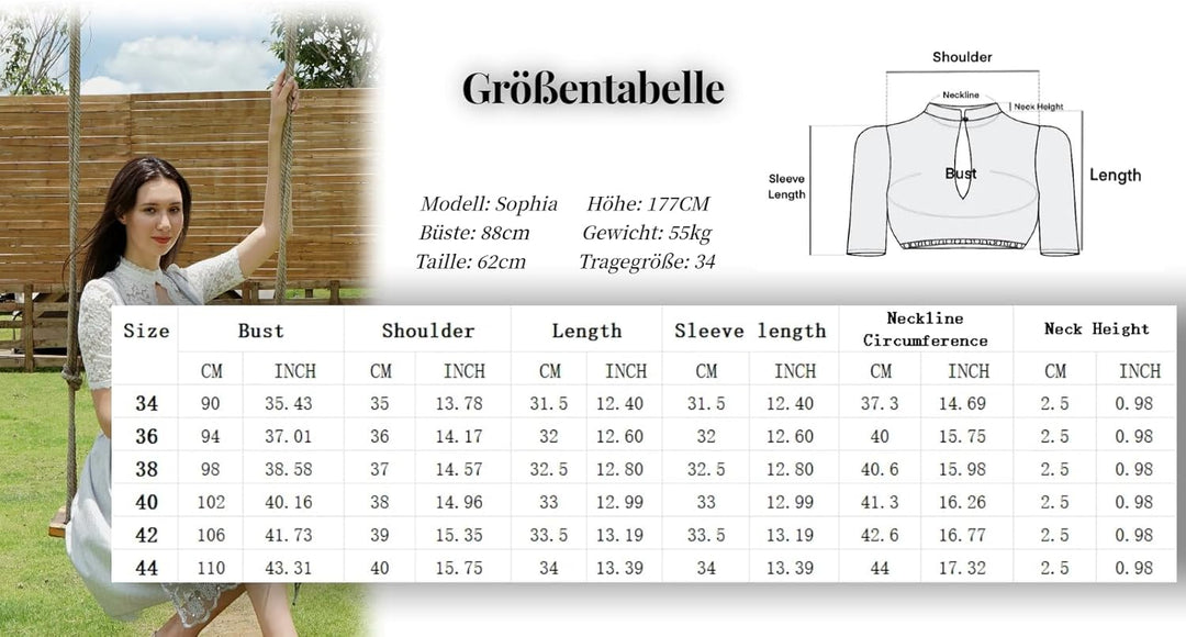 Dirndlwelle Dirndlbluse Langarm Dirndlbluse Hochgeschlossen Creme Kurzarm Dirndl Bluse Damen Trachte