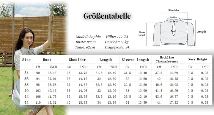 Dirndlwelle Dirndlbluse Langarm Dirndlbluse Hochgeschlossen Creme Kurzarm Dirndl Bluse Damen Trachte