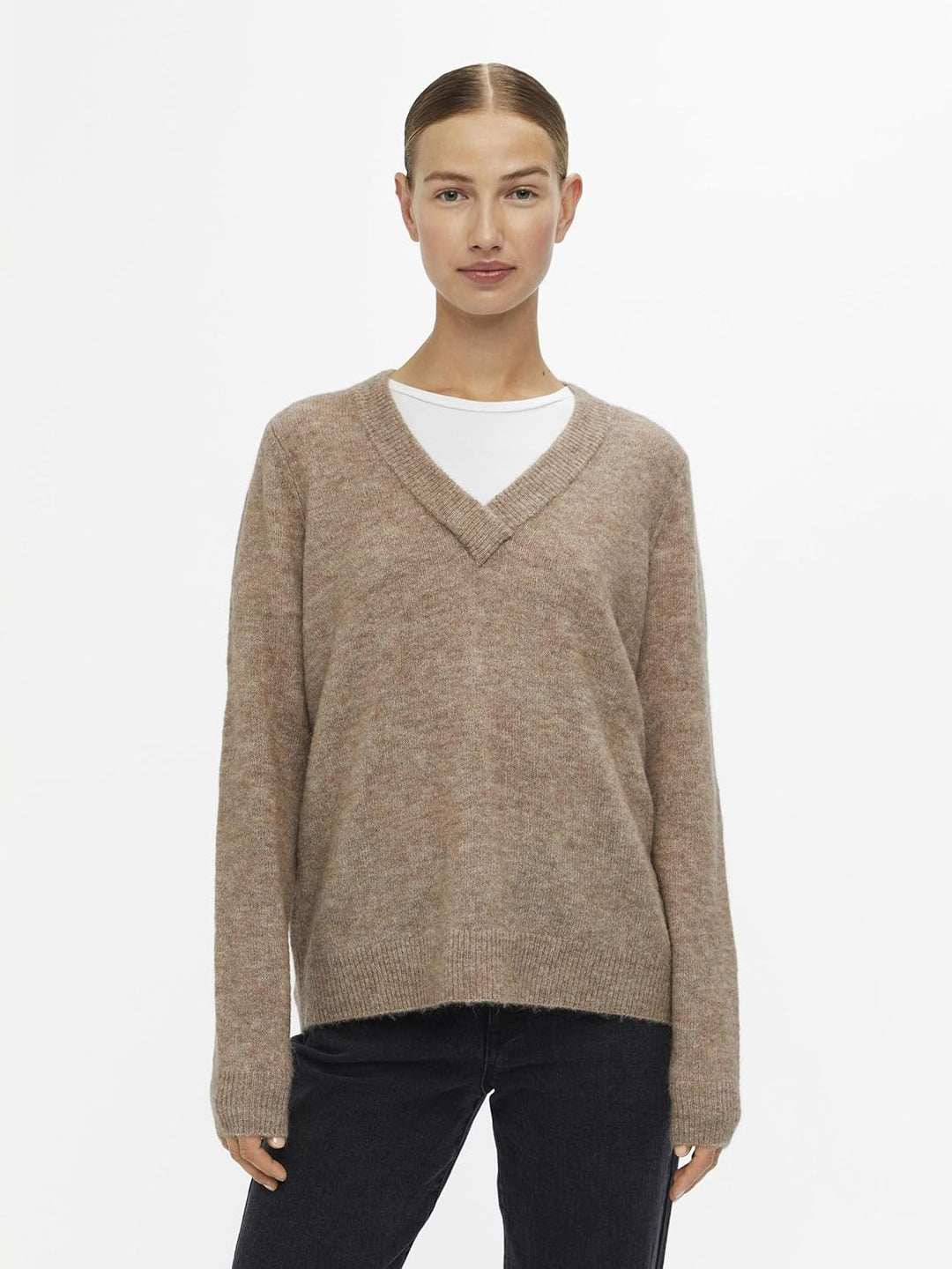 Object Damen Objellie L/S V-Neck Pullover Noos Strickpullover, Fossil