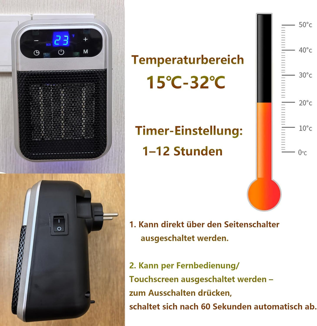 Steckdosen Heizlüfter mit Fernbedienung,Mini Keramik Heizlüfter Bad Energiesparend Leise Heizung 800