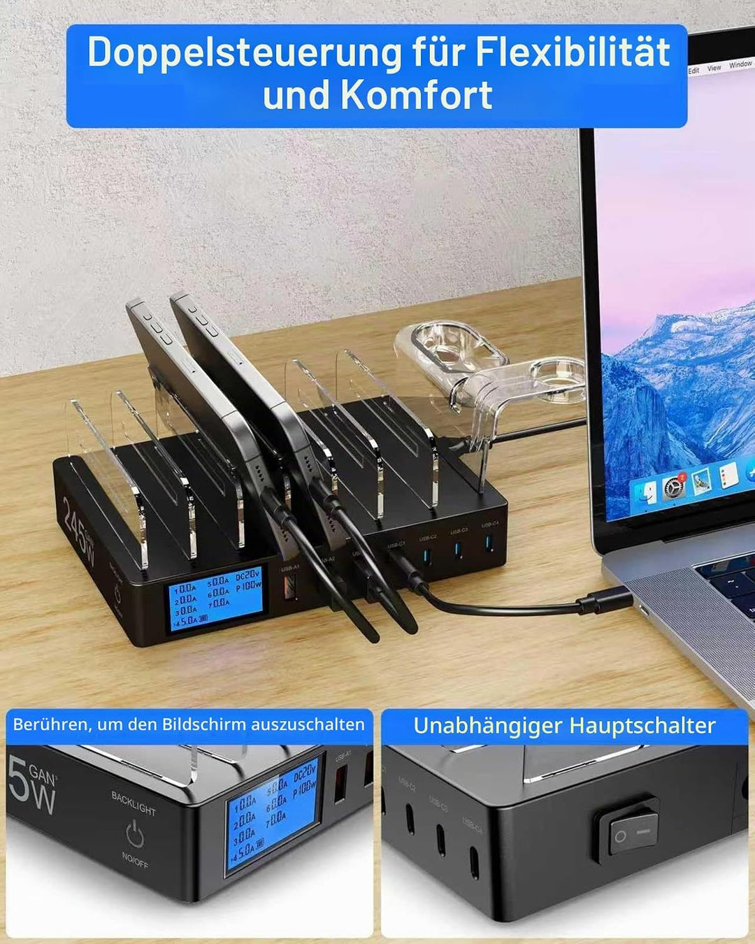 245W Ladestation für Mehrere Geräte, 7-Port USB Ladestation Handy Ladestation mit LCD-Anzeige mit 7