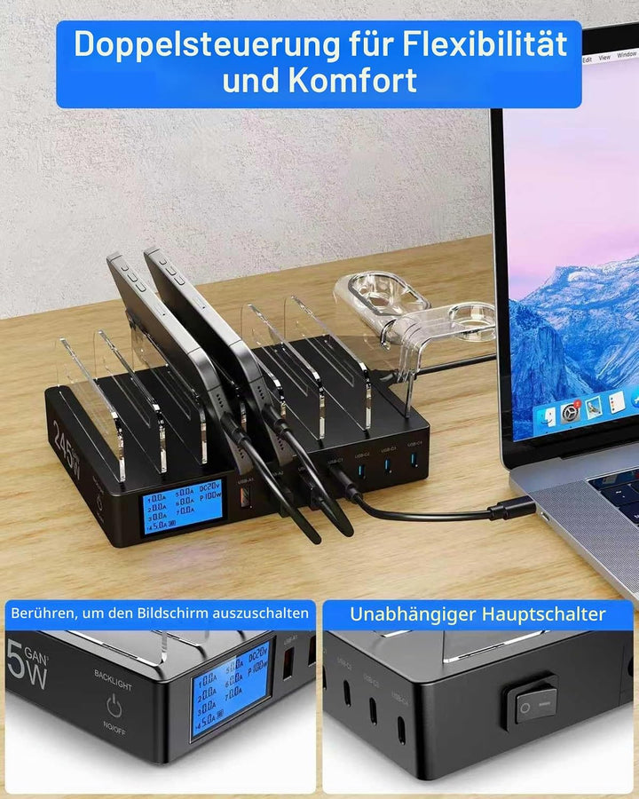 245W Ladestation für Mehrere Geräte, 7-Port USB Ladestation Handy Ladestation mit LCD-Anzeige mit 7