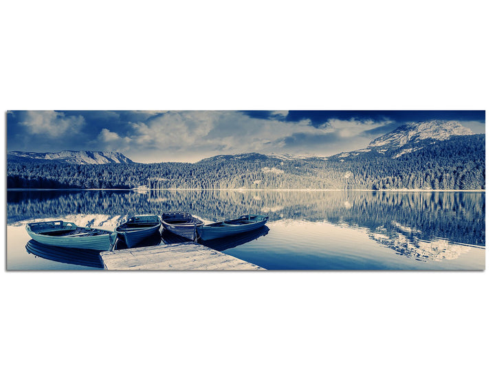 Paul Sinus Art Panoramabild auf Leinwand und Keilrahmen 120x40cm Montenegro Waldsee Boote Steg Berge