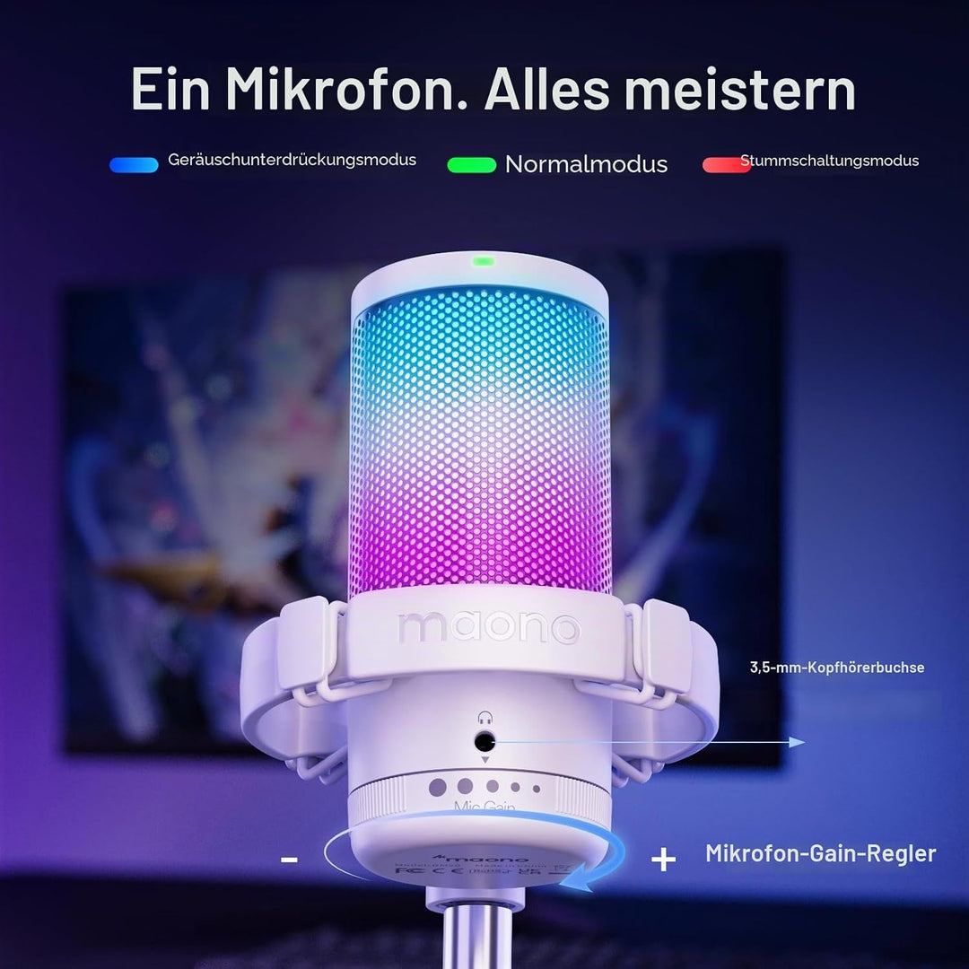 MAONO Gaming Mikrofon, USB Microphone mit RGB-Licht, Geräuschunterdrückung, Stummschaltung, Gain, Ga