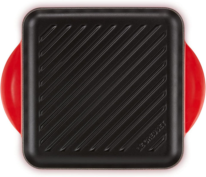 Le Creuset Quadratische Grillplatte aus Gusseisen mit Hilfsgriff, 24 cm, Kirschrot, 20205240600460,