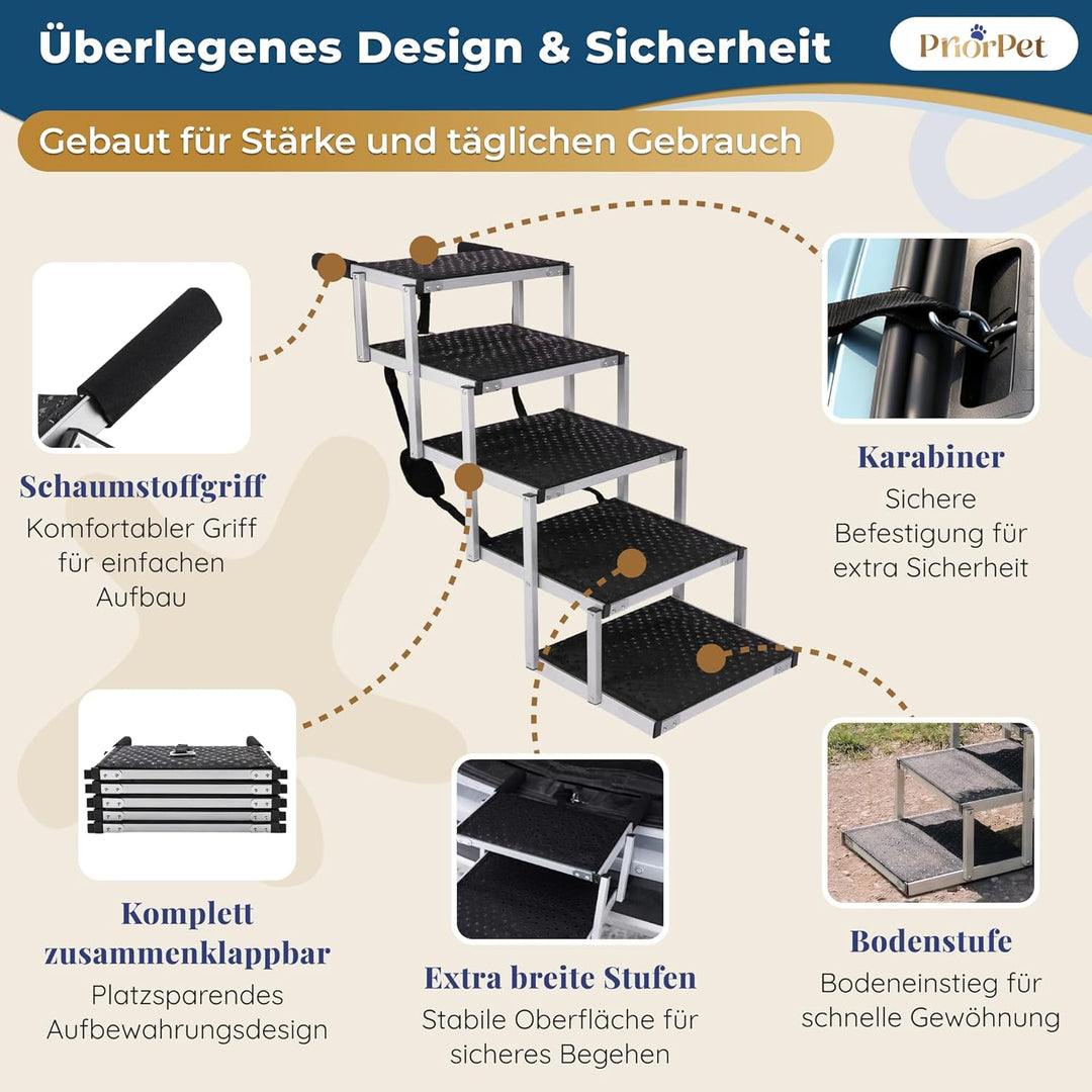 Hundetreppe Auto Klappbar – 4, 5 oder 6 Stufen für niedrige bis hohe Kofferraumhöhen (63–81 cm) – Fü