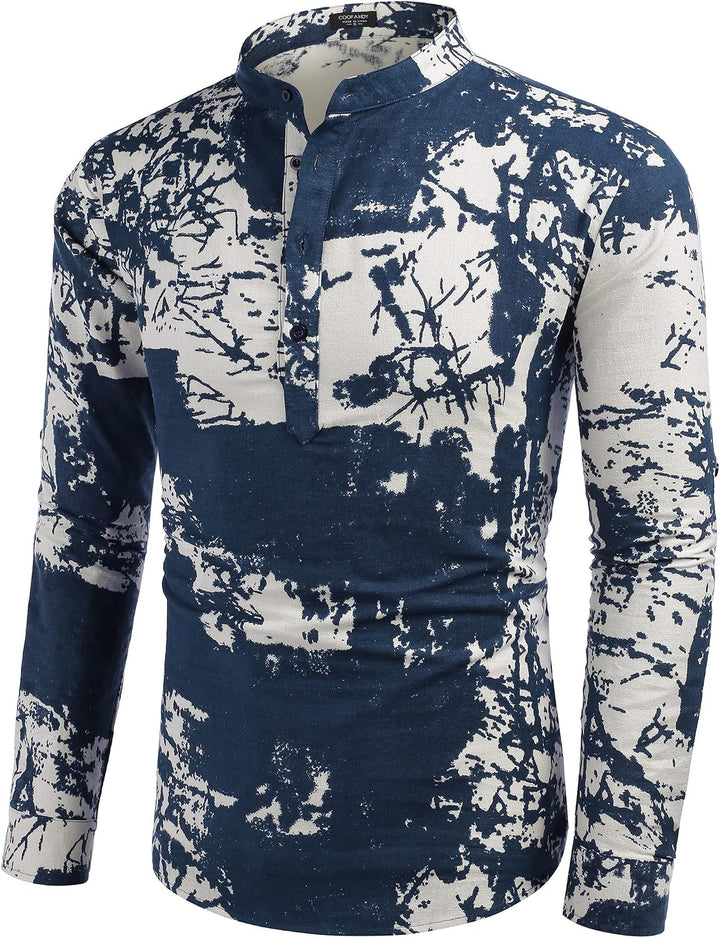 COOFANDY Hemd Herren Langarm Leinenhemd Baumwolle Henley Shirt Casual Regular Fit Sommerhemd S Navy