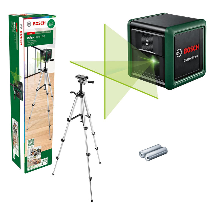 Bosch Kreuzlinienlaser Quigo Green mit Stativ (grüner Laser für bessere Sichtbarkeit, Gehäuse aus re