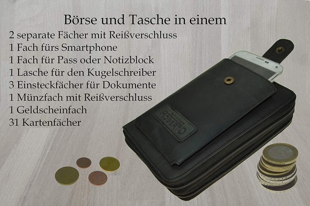 flevado Grosse Geldbörse Buisness Tasche Vintage Büffelleder Roberto Handgelenk Tasche Urlaubs Reise