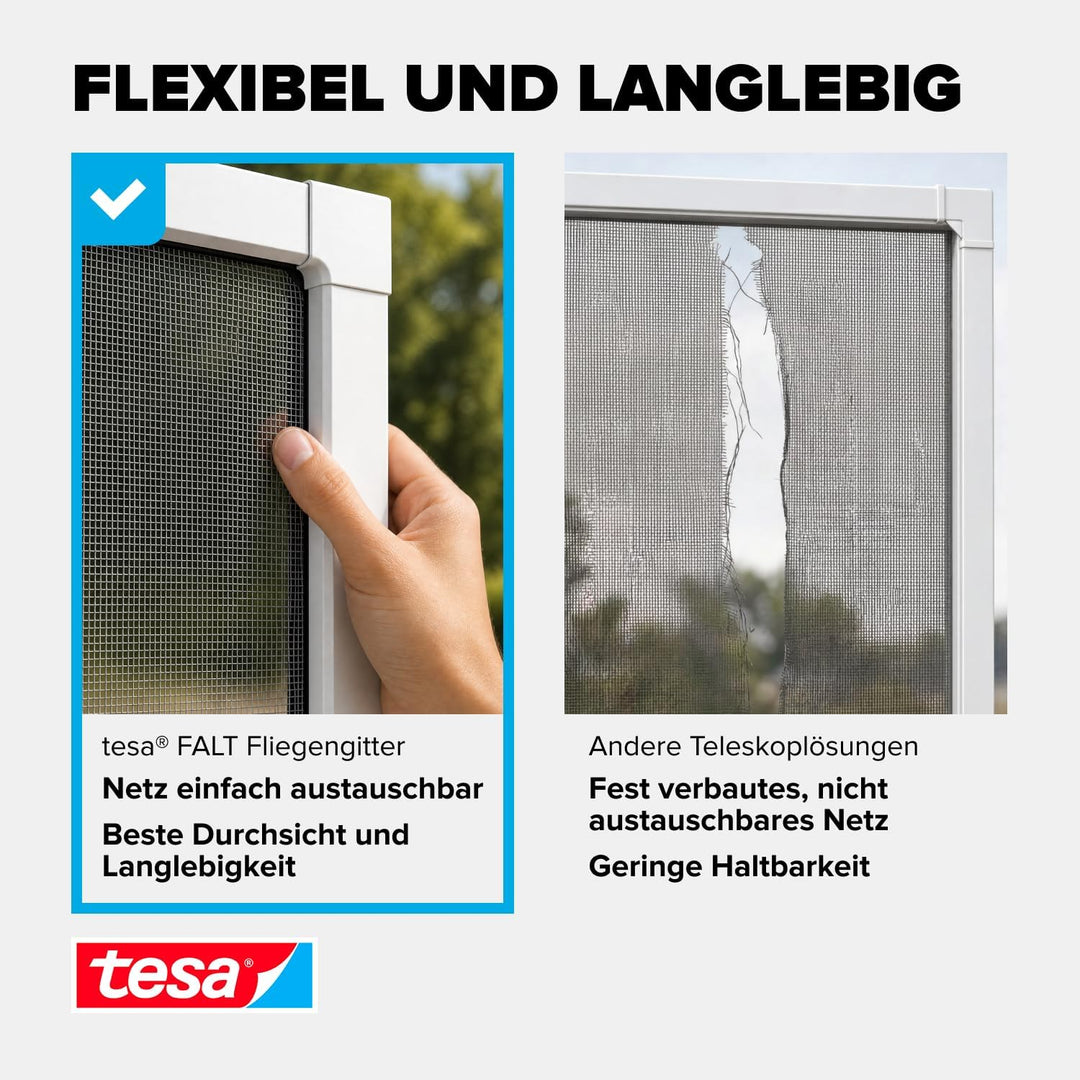 tesa Insect Stop FALT Fenster - Faltbarer Alu-Rahmen - Fliegengitter mit verstellbarem Teleskoprahme
