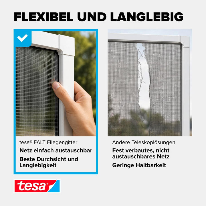 tesa Insect Stop FALT Fenster - Faltbarer Alu-Rahmen - Fliegengitter mit verstellbarem Teleskoprahme