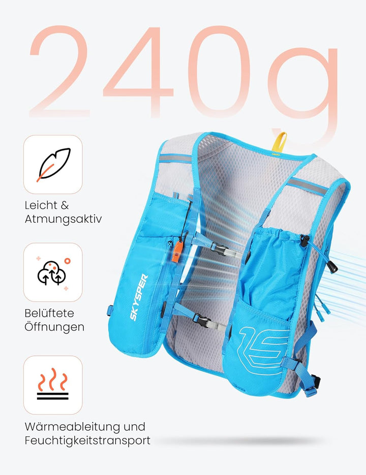 SKYSPER Laufweste für Damen Herren 12L Laufrucksack mit 500ml Trinkflasche Reflektierende Trinkweste