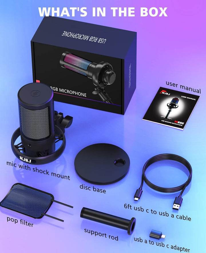 NJSJ Mikrofone PC, Gaming Microphone for PS4 PS5, RGB USB C Podcast Mikrofone with Mute Button, Trip