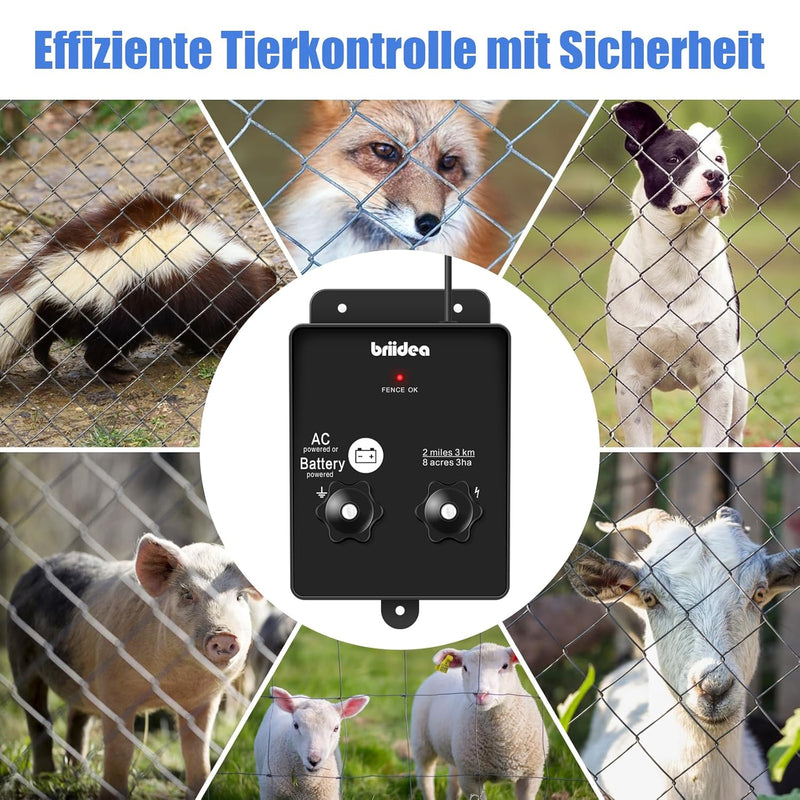 HEFC-04DE 230V Weidezaungerät, Briidea 2-Meile 8 Acres 2-in-1 Elektrischer Zaunladegerät betrieben v