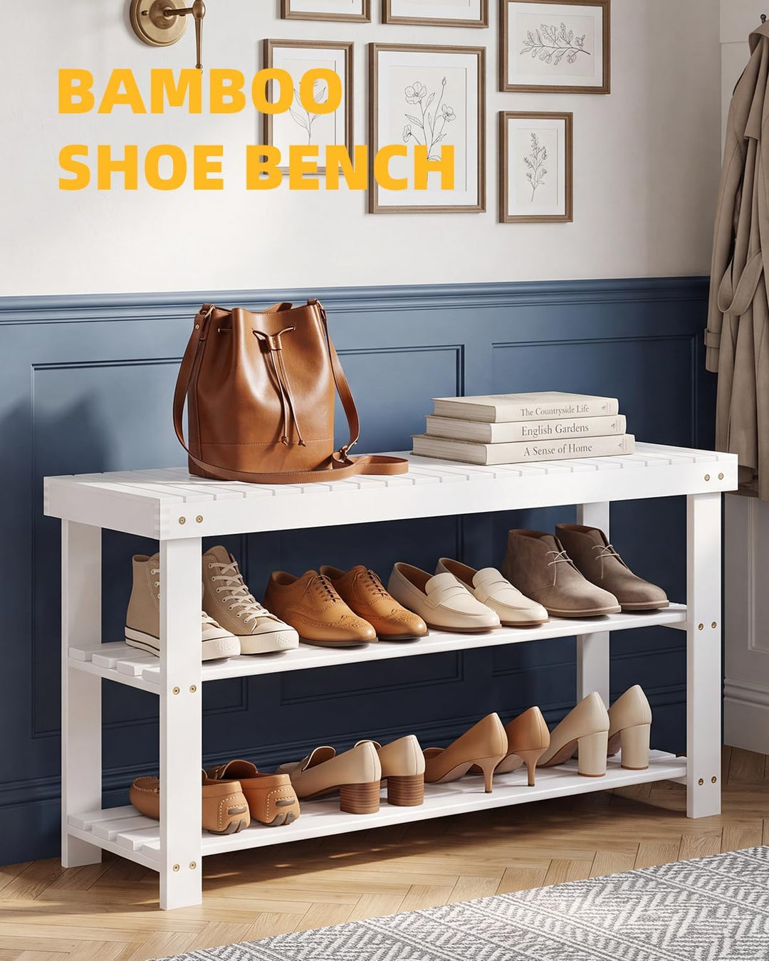 SMIBUY Schuhbank, Schuhregal aus Bambus, 3 Etagen, Schuh-Organizer, Aufbewahrungsregal für Eingang,